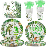 208 Pcs Dinosaur 3rd Birthday Party Supplies, Green Dino Three Rex