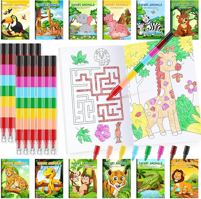 24 Jungle Safari Mini Coloring Books Kids with 24 Stacking Crayons