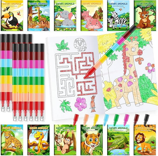 24 Jungle Safari Mini Coloring Books Kids with 24 Stacking Crayons
