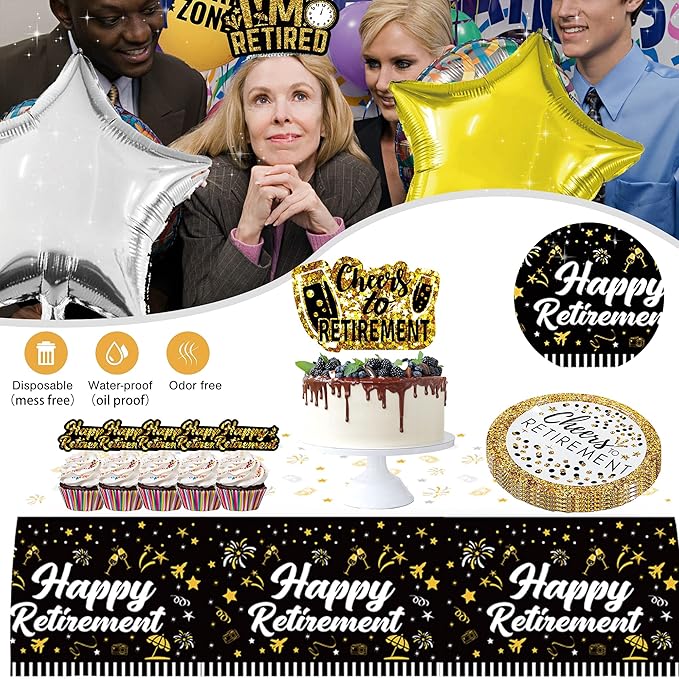 Happy Retirement Party Decorations supplies 80pack black gold party