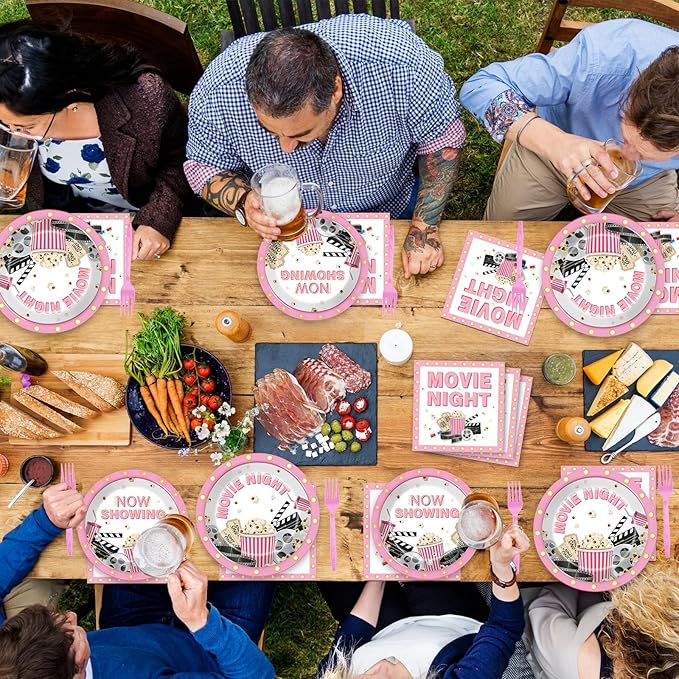 96Pcs Movie Night Party Supplies Pink Movie Birthday Plates and
