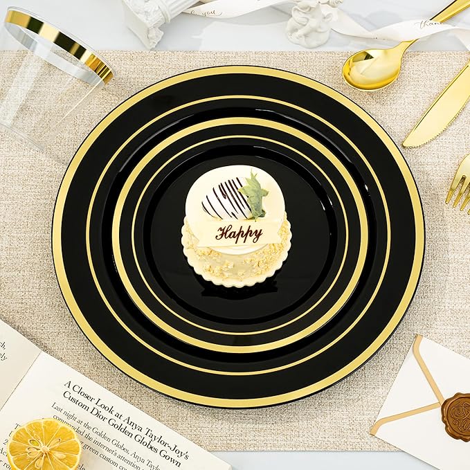 BESTVIP 600PCS Black Gold Dinnerware Set for 100 Guests, Plastic