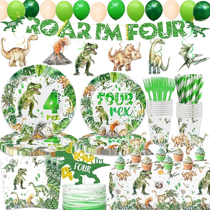 208 Pcs Dinosaur 4th Birthday Party Supplies, Green Dino Roar I'm