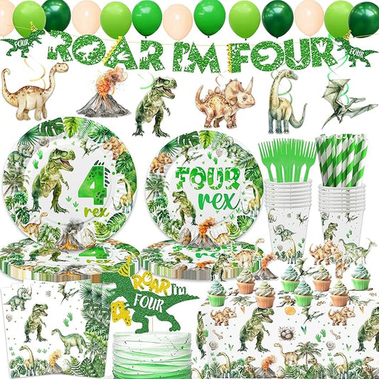 208 Pcs Dinosaur 4th Birthday Party Supplies, Green Dino Roar I'm
