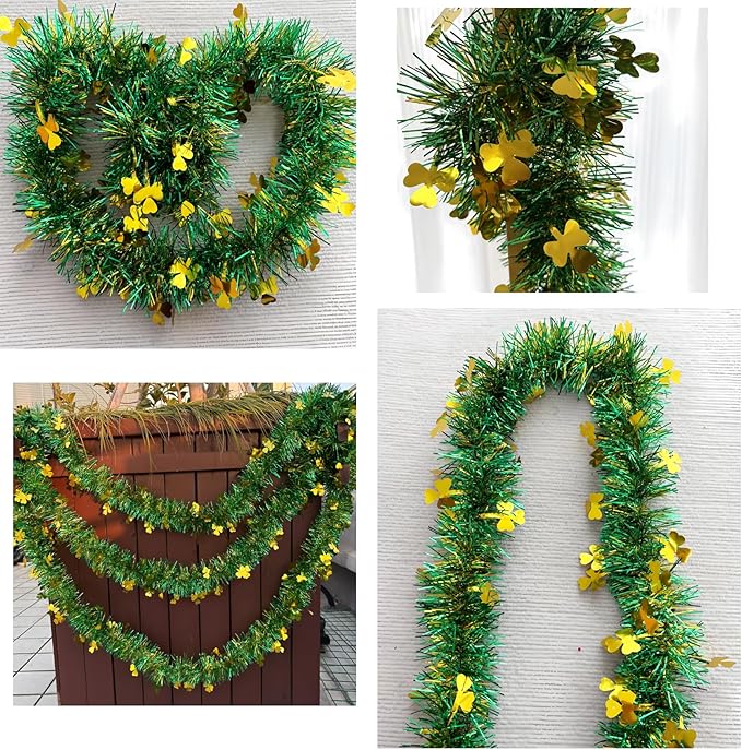 St Patrick Day Tinsel Garland 50 FT Green Gold Fringe Garlands with