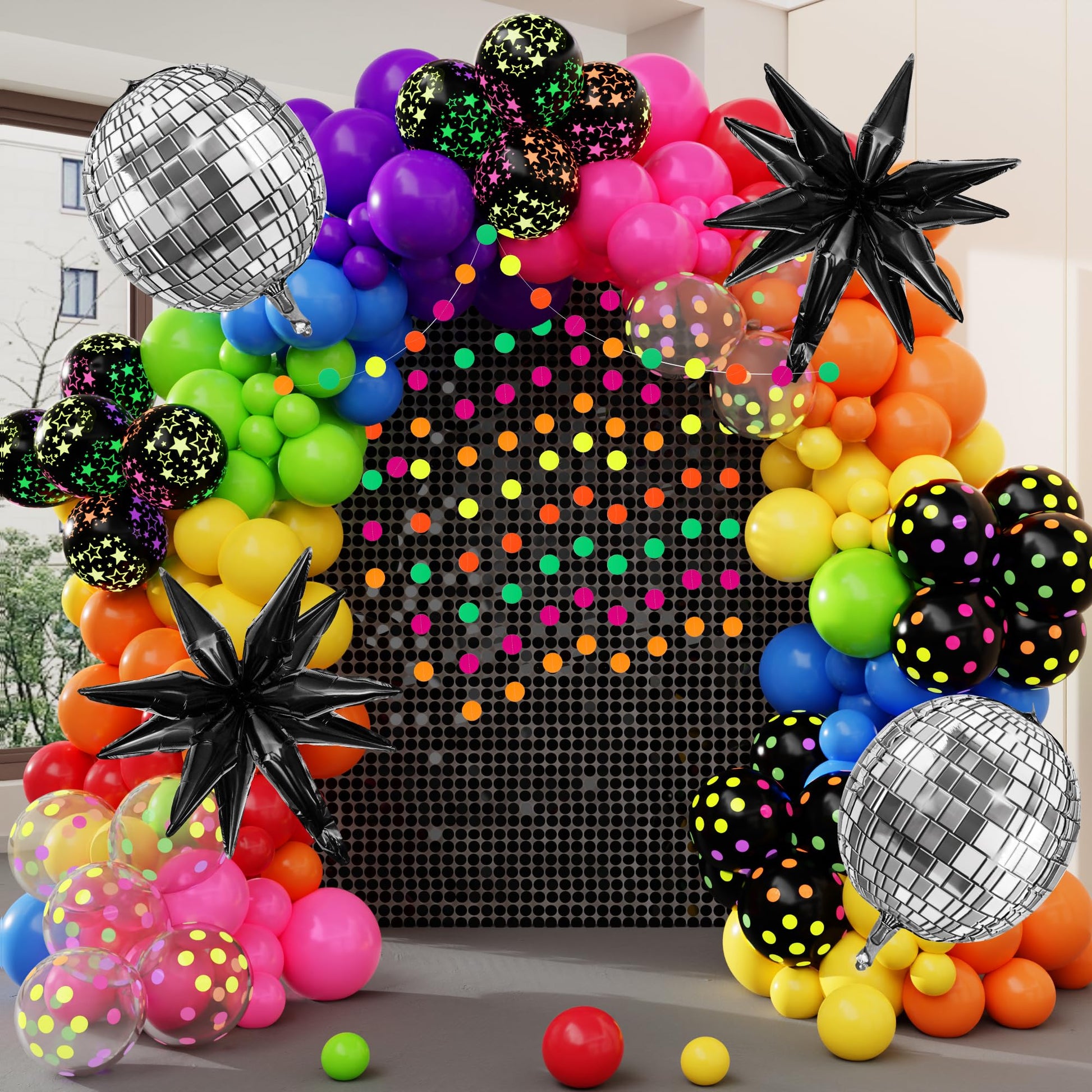 Amandir Glow in the Dark Party Decorations, 80S Disco Rainbow Balloon