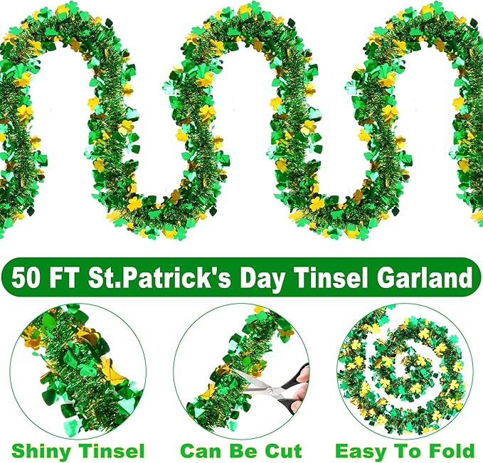 50 FT St Patricks Day Decorations Shamrock Garland Decor Green Gold