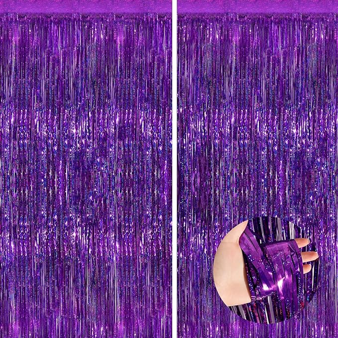 Purple Metallic Tinsel Foil Fringe Curtains, 2 Pack 3.3x8.3 Feet