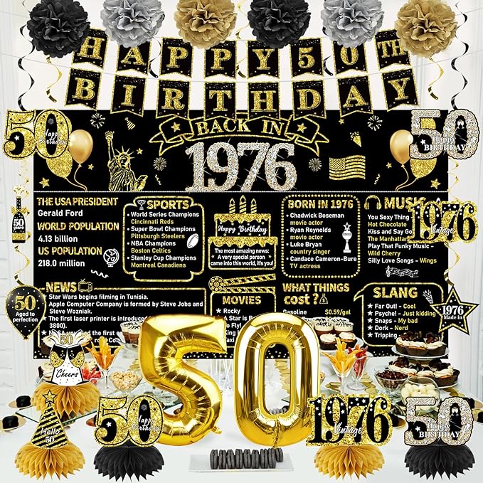 50th Birthday Decorations for Men Women 21pcs the Year 1976 Banner