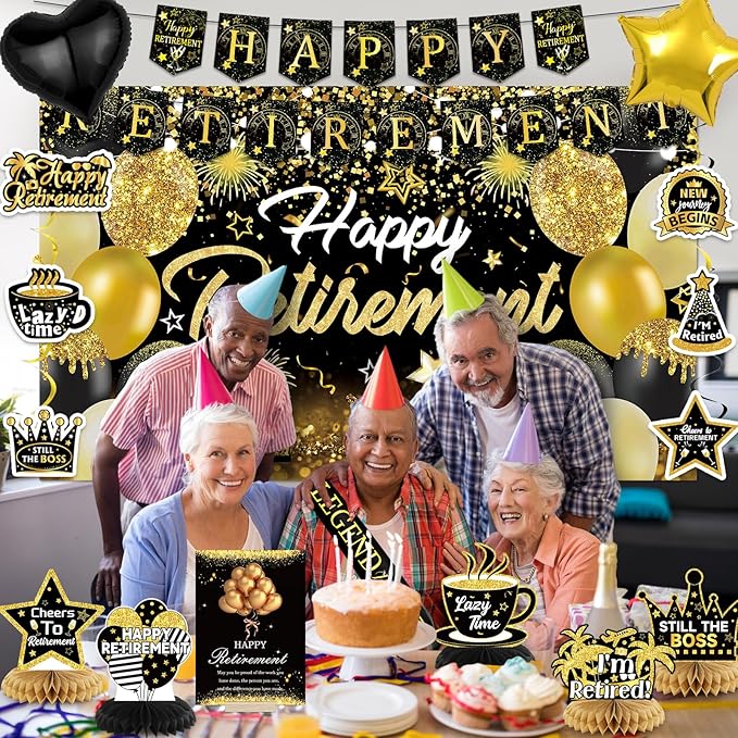 Happy Retirement Party Decorations for Men and Women Black and Gold