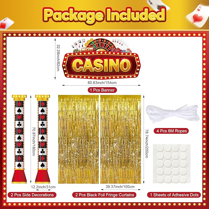 3 Pcs Casino Night Porch Sign Banner with Fringe Backdrop Curtains