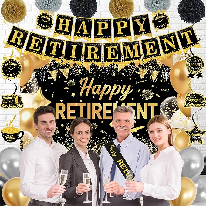 Black Gold Retirement Party Decorations Happy Retirement Banner