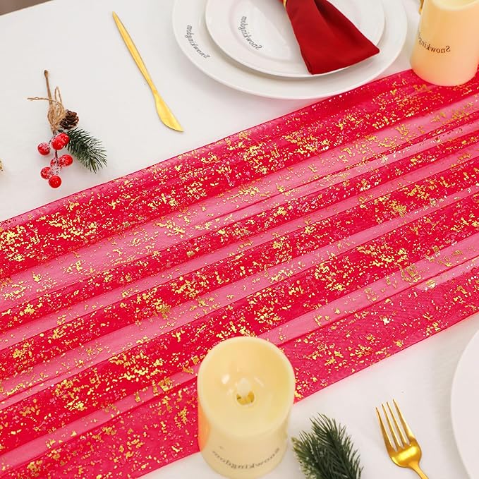 Snowkingdom Red Gold Table Runner Gauze 10FT Sparkly Sequin Glitter