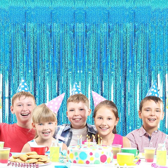 2 Pack 3.2ft x 8.2ft Blue Foil Fringe Curtains Photo Backdrop Party