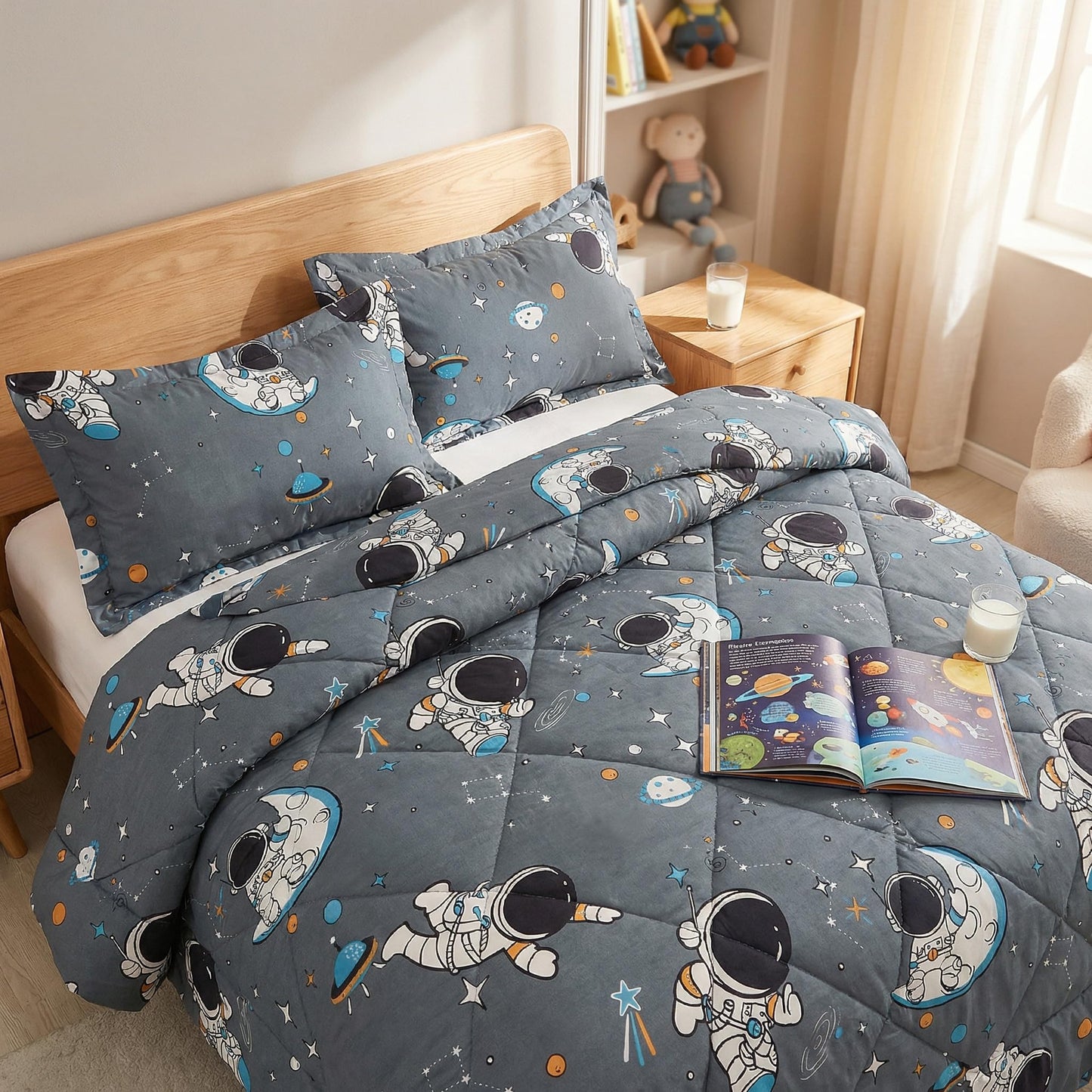 JSD Grey Astronaut Kids Comforter Set Full Size, 3 Piece Space Theme
