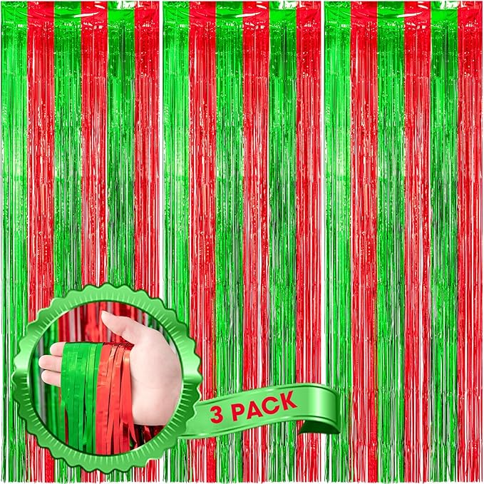 Voircoloria 3 Pack 3.3x8.2 Feet Red and Green Foil Fringe Backdrop
