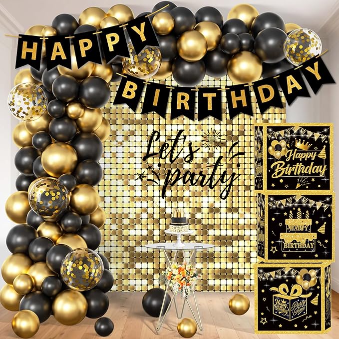 Black and Gold Birthday Party Decorations for Men Women Includes