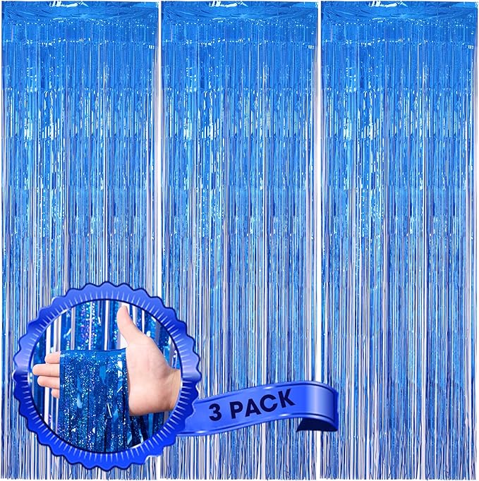 Voircoloria 3 Pack 3.3 x 8.2 ft Laser Blue Foil Fringe Backdrop