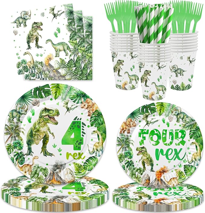 208 Pcs Dinosaur 4th Birthday Party Supplies, Green Dino Roar I'm