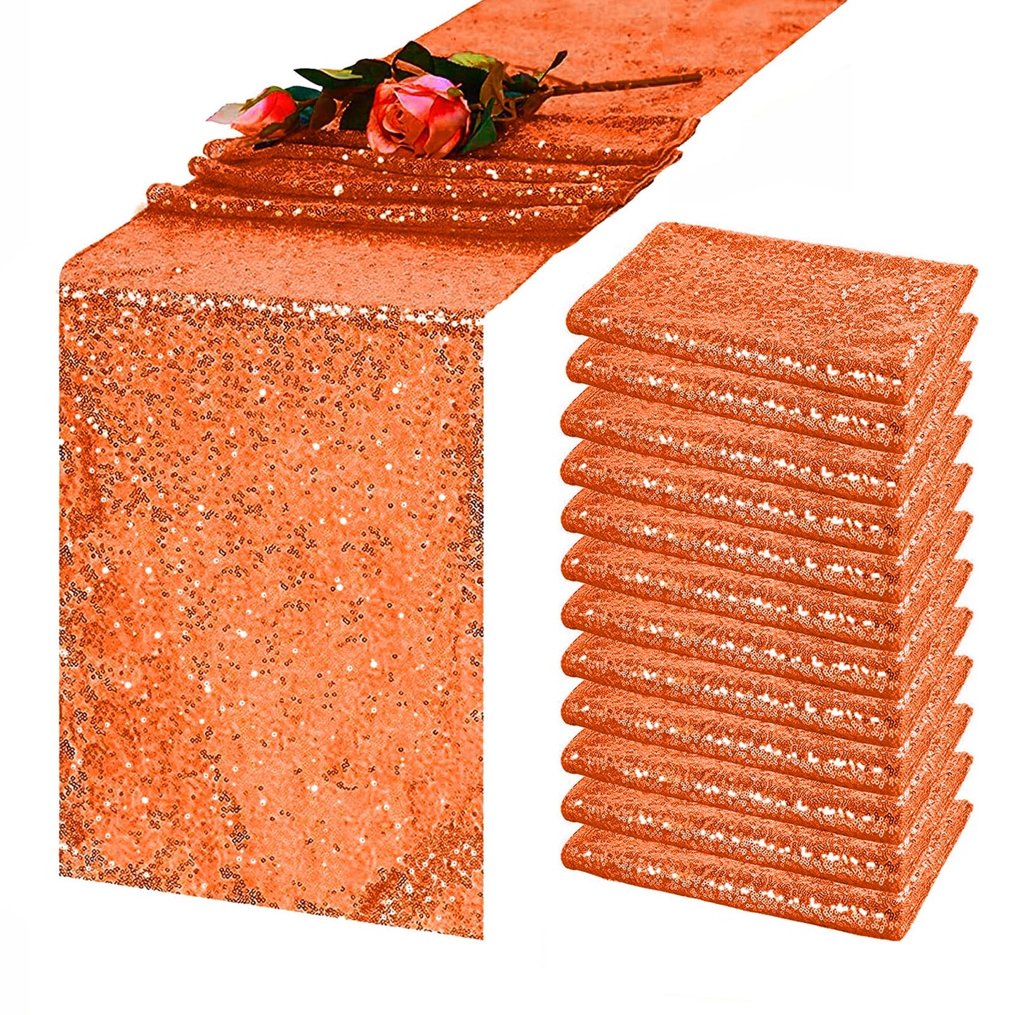 TCBESTO 12 Pack Orange Sequin Table Runner 12 x 72 Inch - High Density
