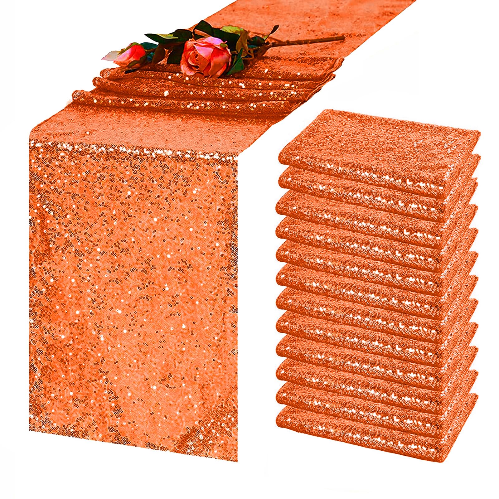 TCBESTO 12 Pack Orange Sequin Table Runner 12 x 72 Inch - High Density