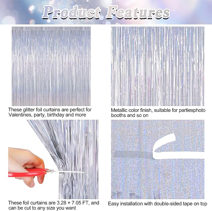 8 Pack 3.28 FT x 7.05 FT Tinsel Foil Fringe Backdrop, Glitter Silver