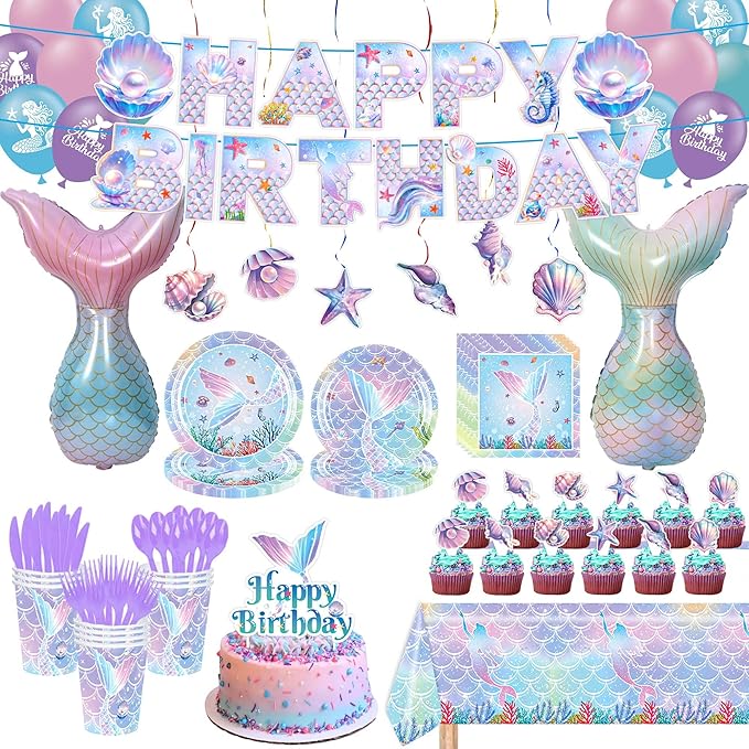 Mermaid Birthday Decorations Party Supplies Include Plates Napkins