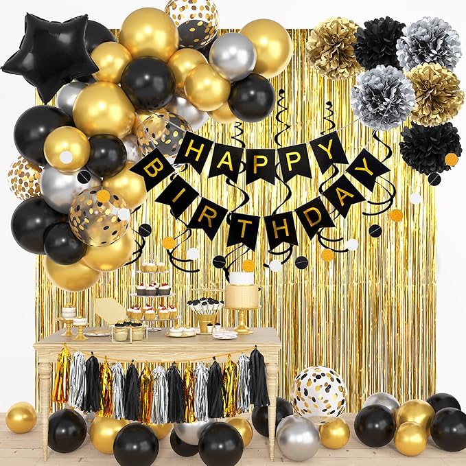 Black and Gold Birthday Party Decorations Kit for Men Women Cheers