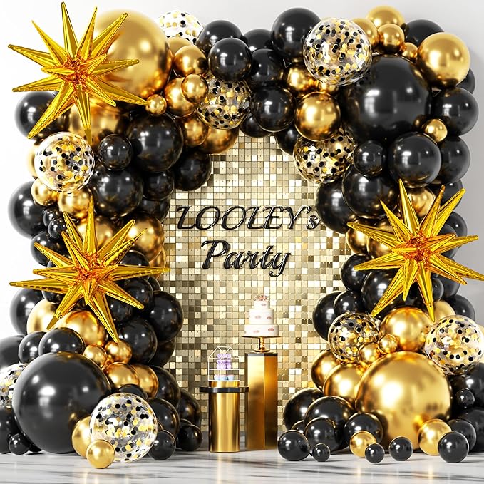 137Pcs Black and Gold Balloons Garland Arch Kit with Stars - 5 10 12