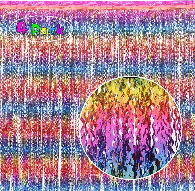 4 Pack Wavy Rainbow Foil Fringe Curtain | 3.3x6.6ft Colorful Tinsel