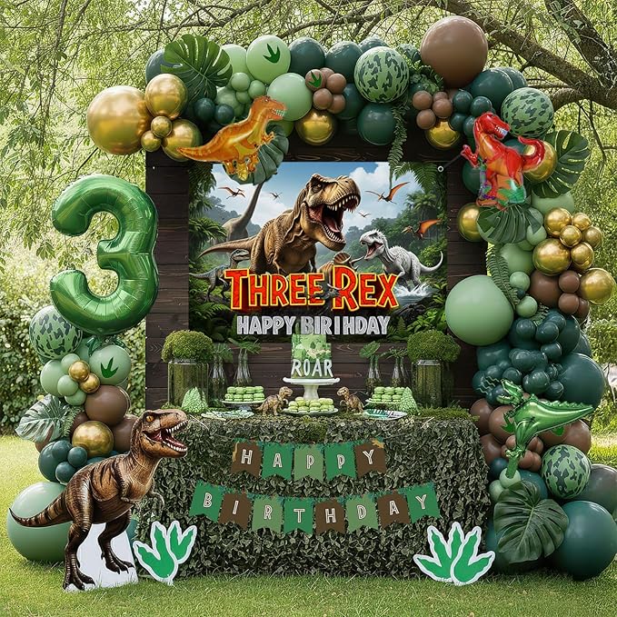 Dinosaur Birthday Decorations include Hunter Green Brown Gold