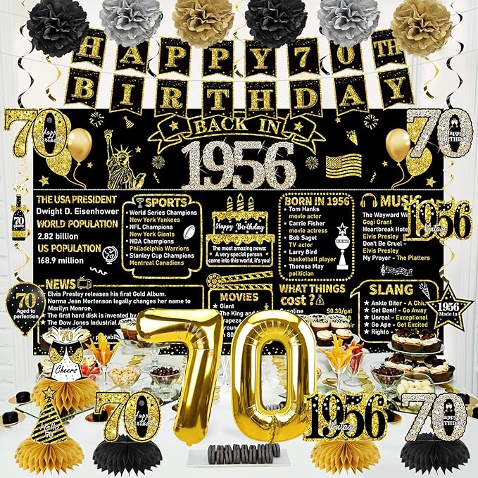 70th Birthday Decorations for Men Women 21pcs the Year 1956 Banner