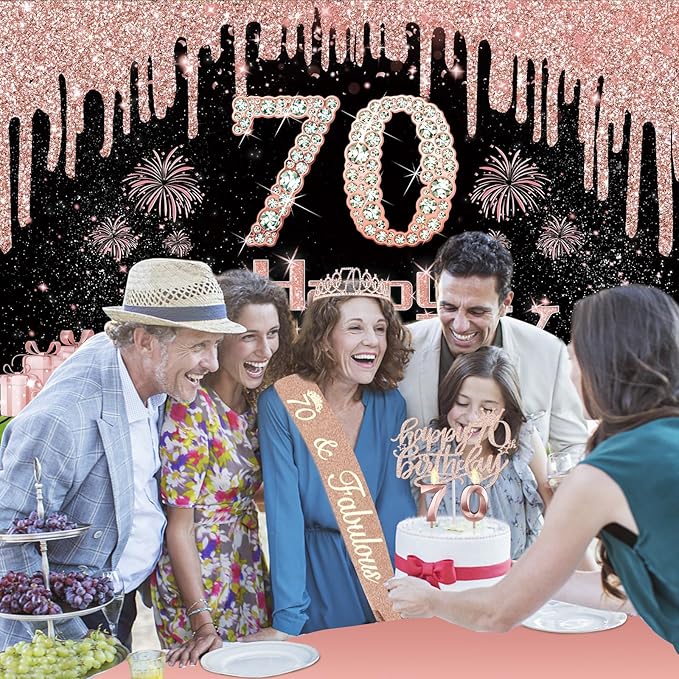70th Birthday Decorations for Women with Banner Rose Gold Tablecloth