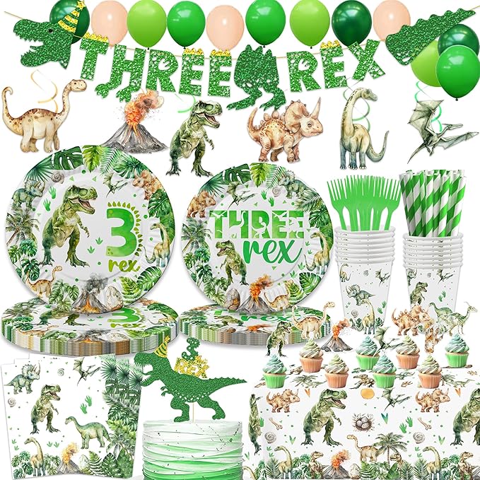 208 Pcs Dinosaur 3rd Birthday Party Supplies, Green Dino Three Rex