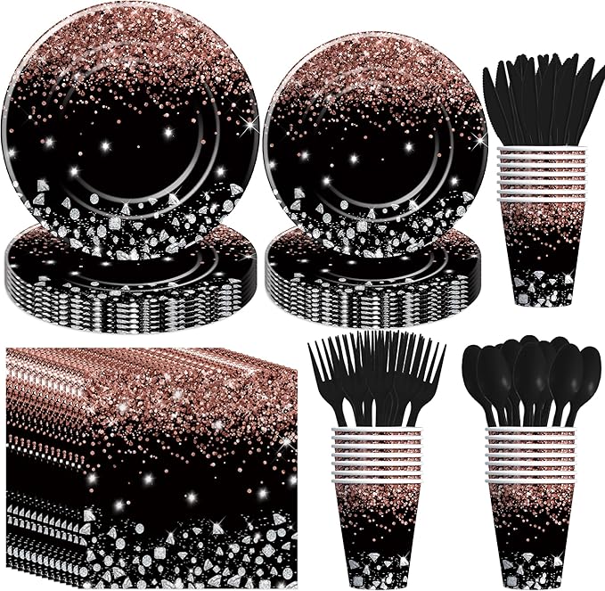 Xigejob Rose Gold And Black Party Decorations Tableware - Glitter