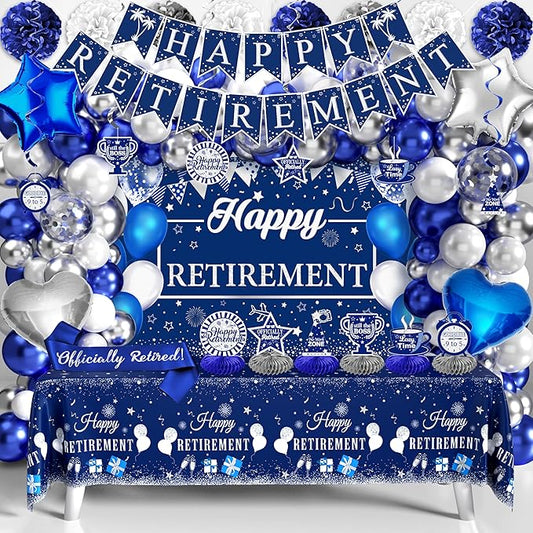 Retirement Party Decorations for Men Women 109Pcs Blue Silver Happy