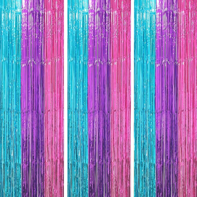 Voircoloria 3 Pack 3.3 x 8.2 ft Blue Purple Pink Foil Fringe Backdrop