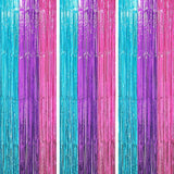 Voircoloria 3 Pack 3.3 x 8.2 ft Blue Purple Pink Foil Fringe Backdrop