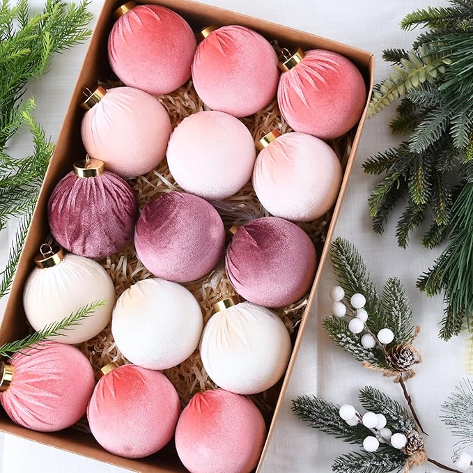 Velvet Christmas Ornaments Balls for Tree - 15pcs Pink Christmas