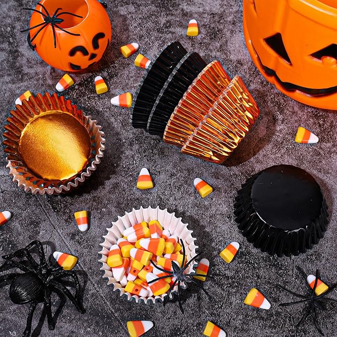 JarThenaAMCS 200Pcs Halloween Cupcake Liners Black Orange Foil