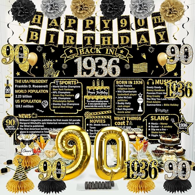 90th Birthday Decorations for Men Women 21pcs the Year 1936 Banner