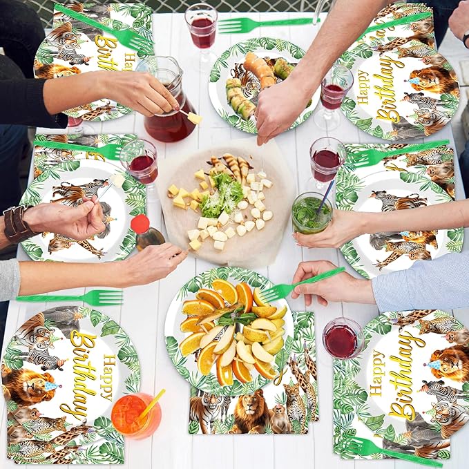 96Pcs Jungle Animals Plates and Napkins Safari Happy Birthday Party