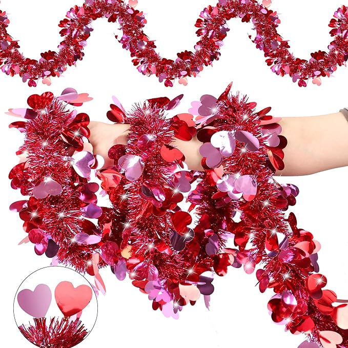 50 Feet Valentines Day Garland Decor Red Pink Heart Tinsel Garland