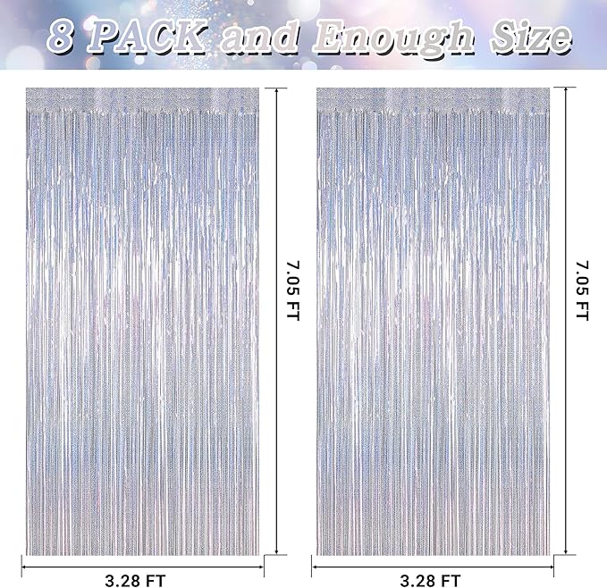 8 Pack 3.28 FT x 7.05 FT Tinsel Foil Fringe Backdrop, Glitter Silver