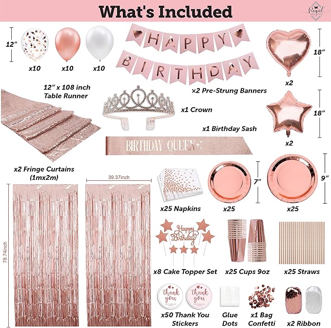 225 PC Rose Gold Birthday Party Decorations Kit for Girls Teens