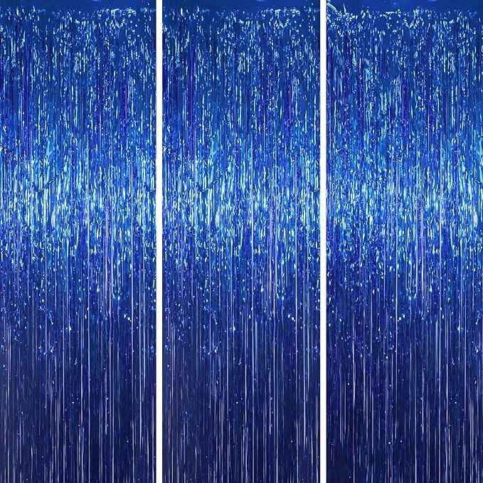 Voircoloria 3 Pack 3.3x8.2 Feet Blue Foil Fringe Backdrop Curtains,