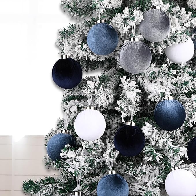 Velvet Christmas Ornaments Balls for Tree - 15pcs Blue Shatterproof