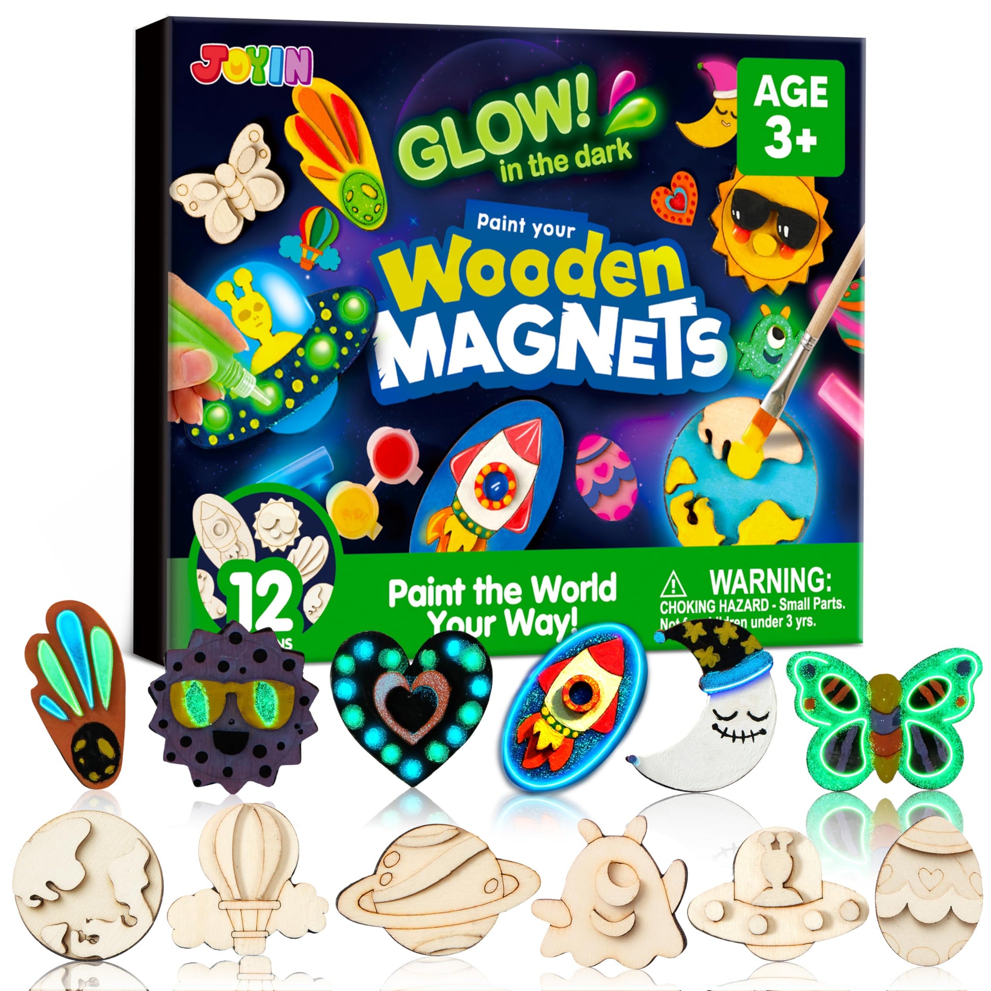JOYIN 12 Glow in The Dark Wooden Magnets for Kids, Paint Your Own Arts