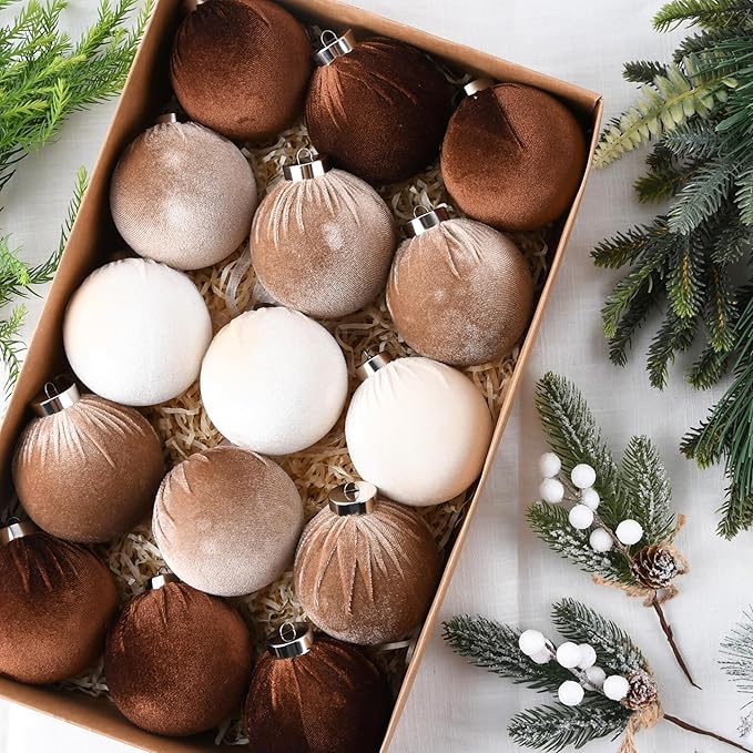 Brown Velvet Christmas Tree Ornaments - 15pcs Shatterproof Christmas
