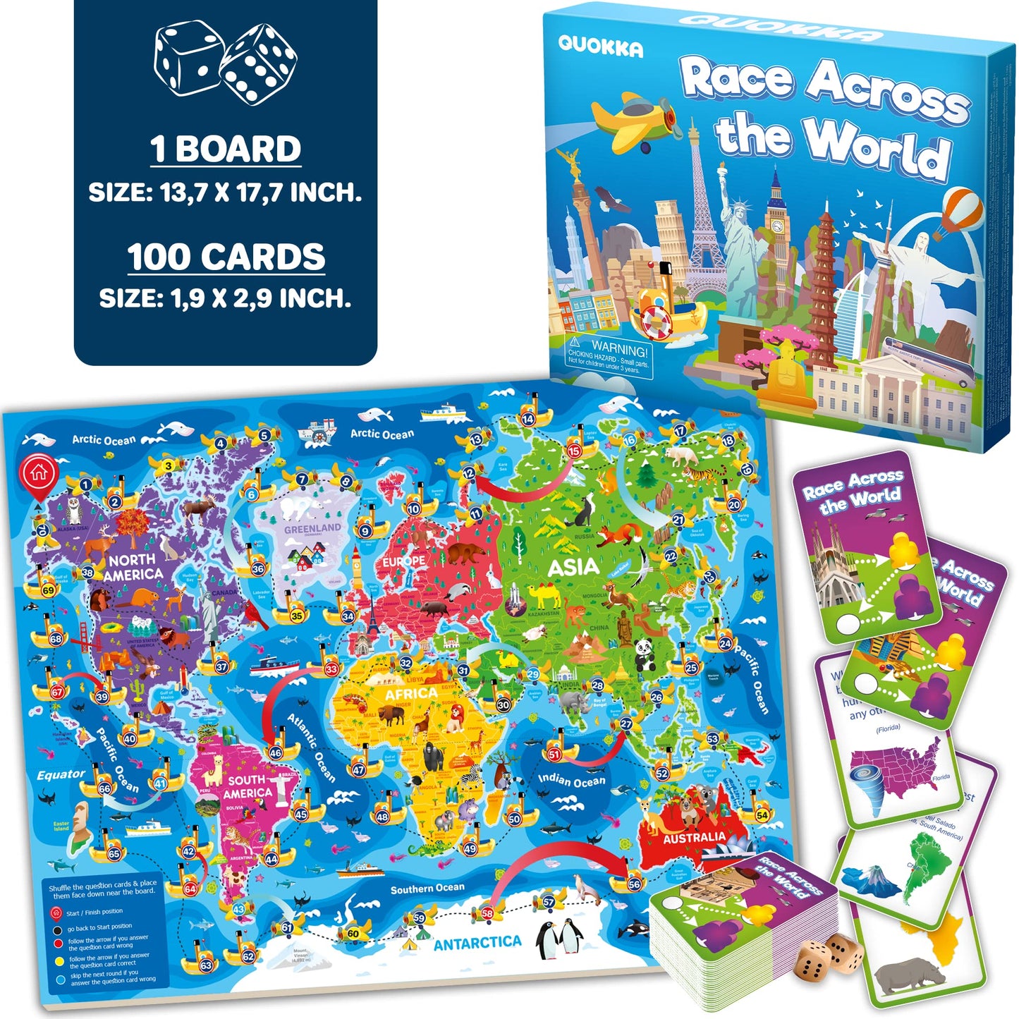 QUOKKA 3X Set Learning Board Games for Kids 8-12 - Educational Trivia